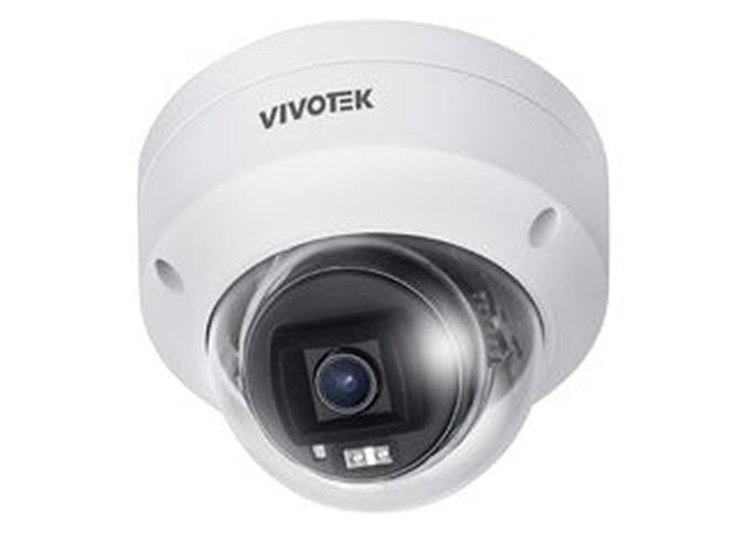 Witte Vivotek FD9380-HV-V2 5MP outdoor dome beveiligingscamera met vaste lens en transparante koepel.