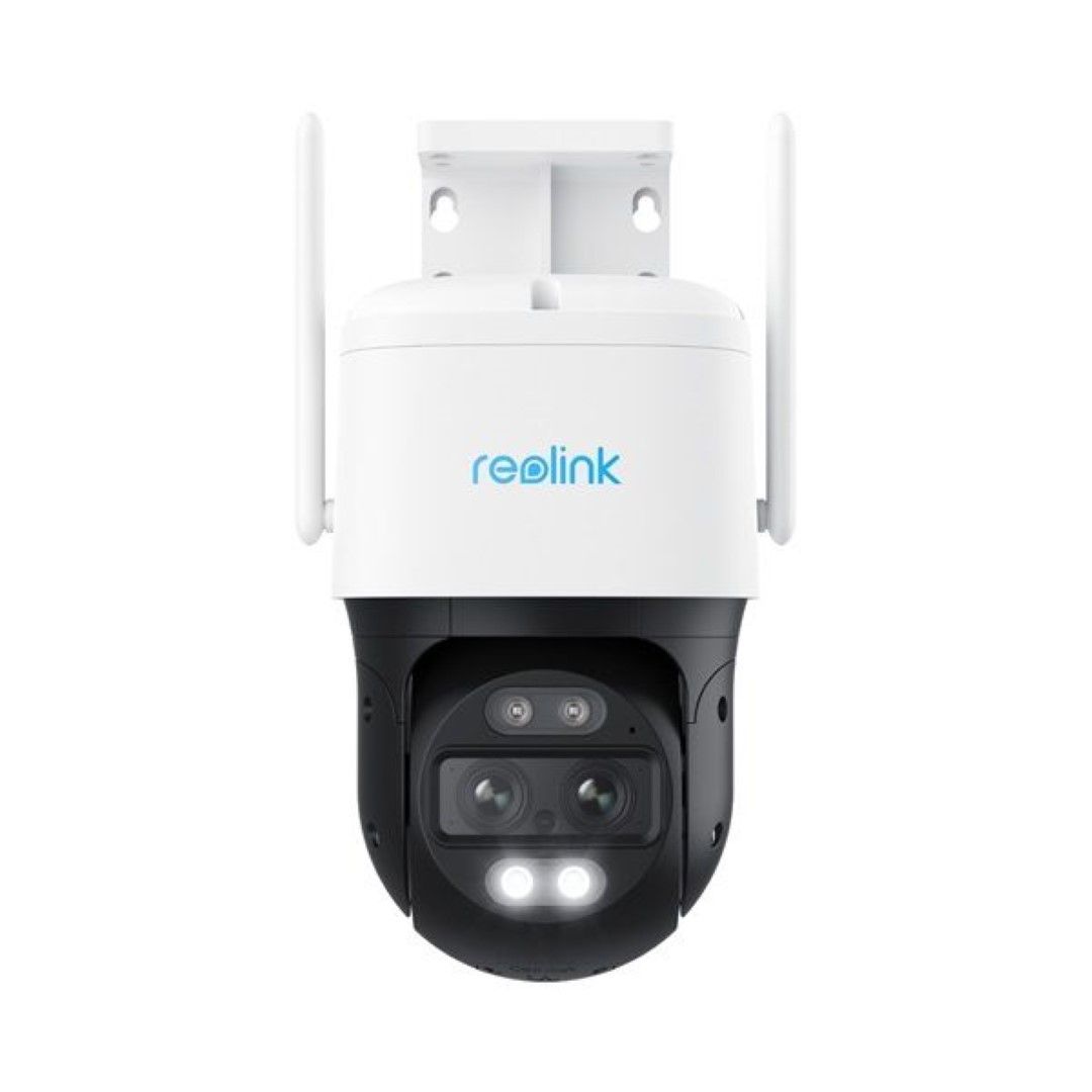 Witte Reolink W760 8MP dual-lens PTZ-beveiligingscamera met twee antennes, spotlight en zwarte draaibare camerakop.