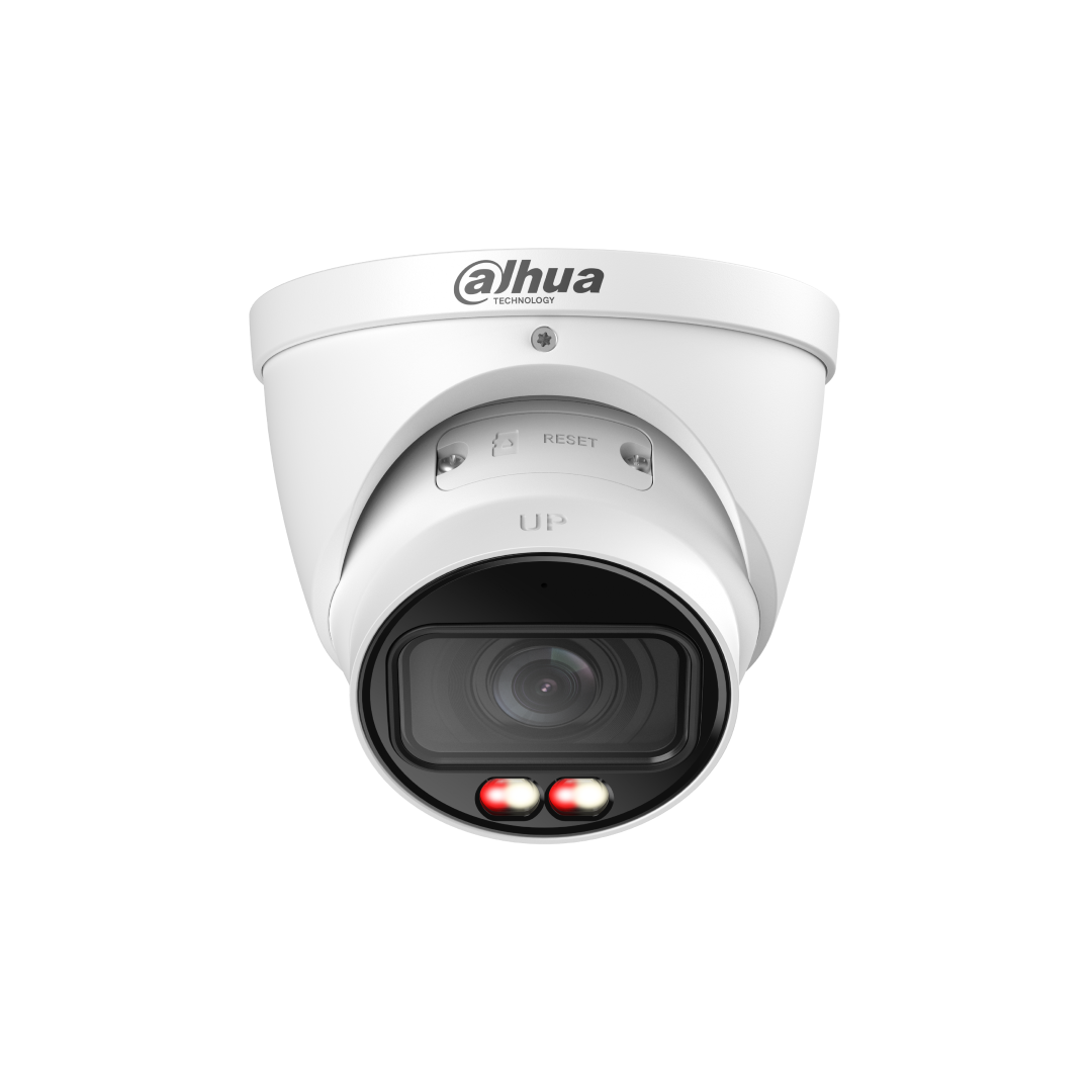 Witte Dahua IPC-HDW3449T-ZS-IL dome beveiligingscamera met 4MP lens, IR-verlichting en verstelbare 2.7-13.5mm zoomlens.