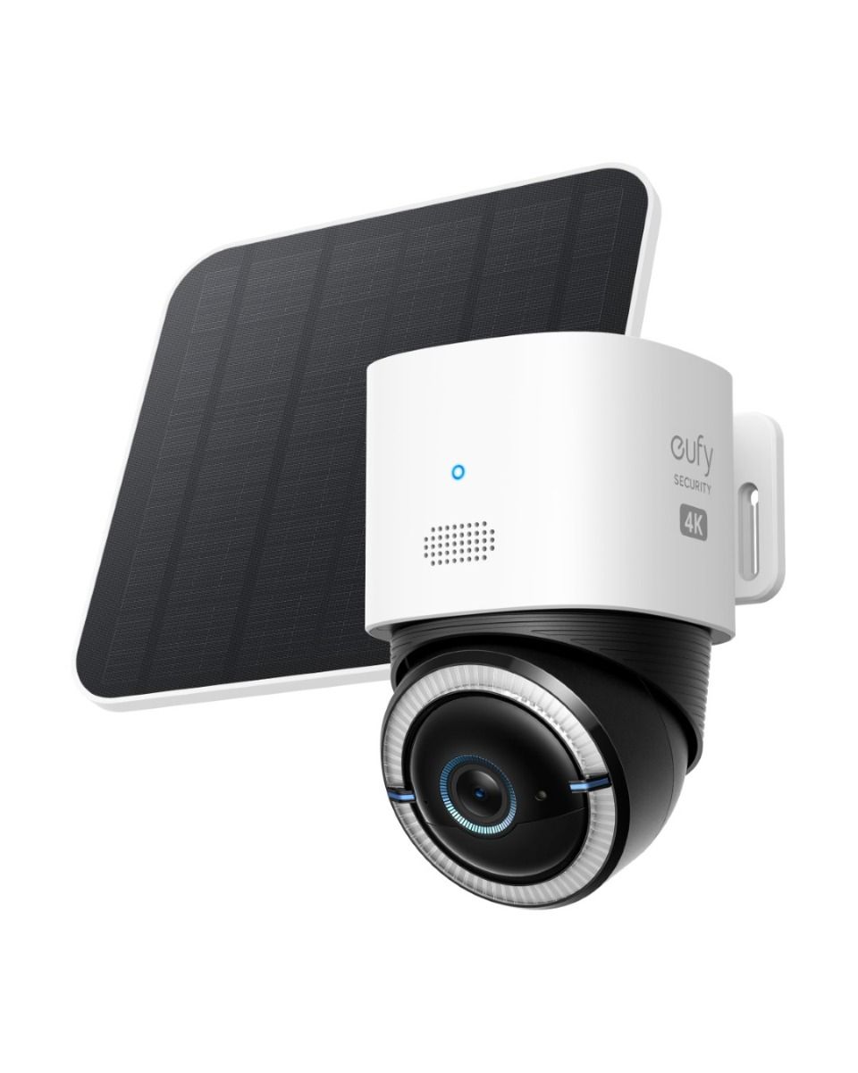 Witte Eufy 4K beveiligingscamera met 360° lens en zwart zonnepaneel voor draadloze werking.