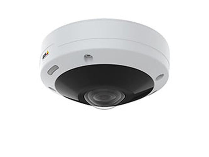 Witte Axis M4308-PLE 12MP 360° panoramische dome-camera met zwarte lensbehuizing voor buitenmontage.