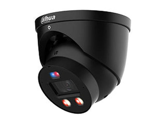 Zwarte Dahua TiOC PRO eyeball beveiligingscamera met 4MP lens en rood-blauw active deterrence licht.