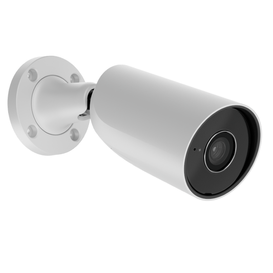 Witte Ajax BulletCam HL 5MP outdoor beveiligingscamera met 2,8mm lens en wandmontagebeugel.