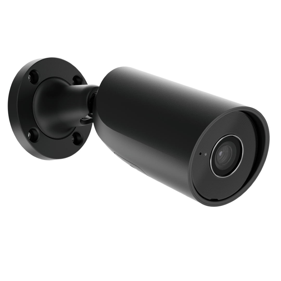 Zwarte Ajax BulletCam HL 5MP outdoor beveiligingscamera met vaste lens en verstelbare muurbeugel.