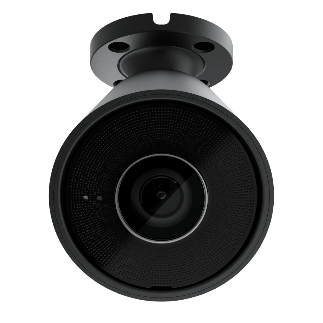 Zwarte Ajax BulletCam HL 8MP outdoor beveiligingscamera met 4mm lens en ronde montagevoet.