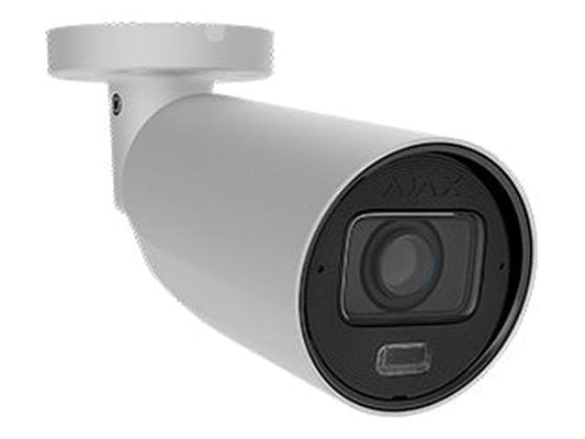 Witte Ajax BulletCam 5MP outdoor beveiligingscamera met varifocale lens en strak design.