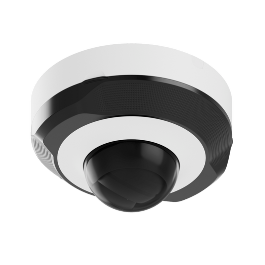 Witte Ajax DomeCam Mini 8MP beveiligingscamera met zwarte lens en compact rond design voor buitenmontage.