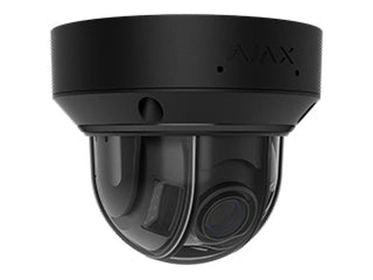 Zwarte Ajax DomeCam Mini 8MP outdoor beveiligingscamera met varifocale lens en compact dome-ontwerp.