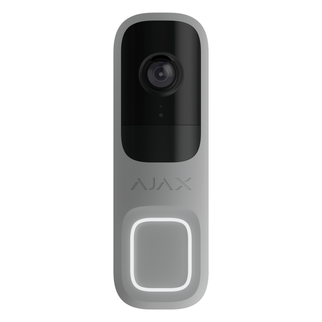 Grijze Ajax 4MP WiFi videodeurbel met strak design, zwarte cameralens en verlichte drukknop.