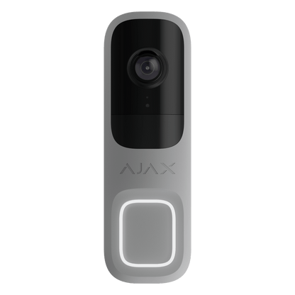 Grijze Ajax 4MP WiFi videodeurbel met strak design, zwarte cameralens en verlichte drukknop.