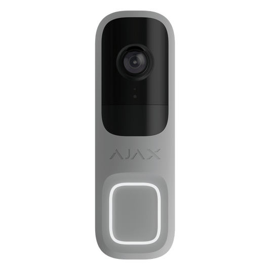 Grijze Ajax 4MP WiFi videodeurbel met strak design, zwarte cameralens en verlichte drukknop.