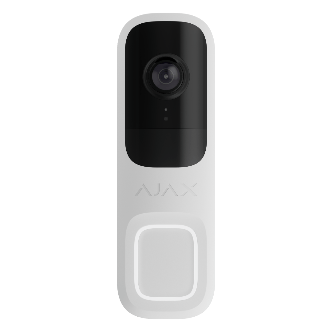 Witte Ajax 4MP WiFi videodeurbel met strak design, zwarte cameralens en verlichte drukknop.