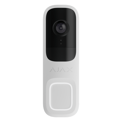 Witte Ajax 4MP WiFi videodeurbel met strak design, zwarte cameralens en verlichte drukknop.