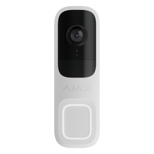 Witte Ajax 4MP WiFi videodeurbel met strak design, zwarte cameralens en verlichte drukknop.