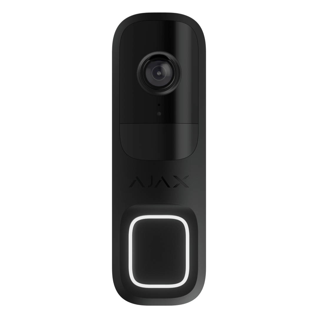 Zwarte Ajax 4MP WiFi videodeurbel met slank design, camera en verlichte drukknop.