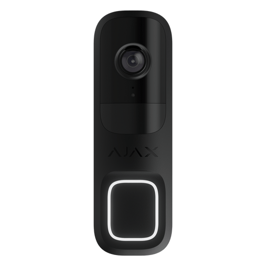 Zwarte Ajax 4MP WiFi videodeurbel met slank design, camera en verlichte drukknop.