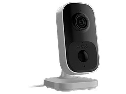 Witte Ajax Indoorcam 4MP WiFi-beveiligingscamera met zwart front, lens en PIR-sensor op een compacte voet.