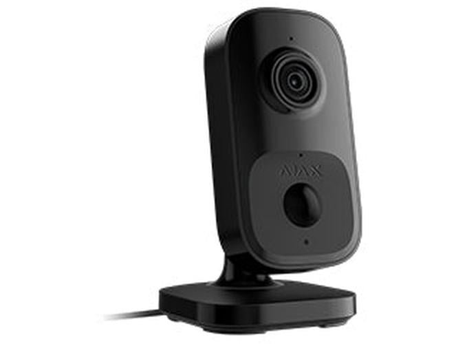 Zwarte Ajax Indoorcam 4MP beveiligingscamera met strak design, lens en PIR-sensor op een stabiele voet.
