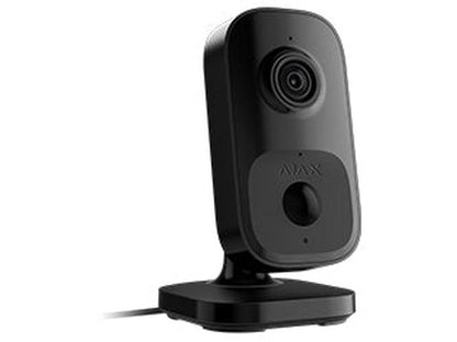 Zwarte Ajax Indoorcam 4MP beveiligingscamera met strak design, lens en PIR-sensor op een stabiele voet.