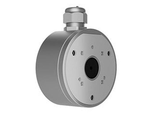 Witte, ronde Ajax JunctionBox montagebox voor IP-camera's met kabeldoorvoer en strak design.