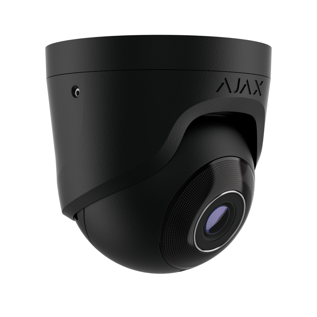 Zwarte Ajax TurretCam HL 5MP outdoor beveiligingscamera met 2,8mm lens en strak modern design.