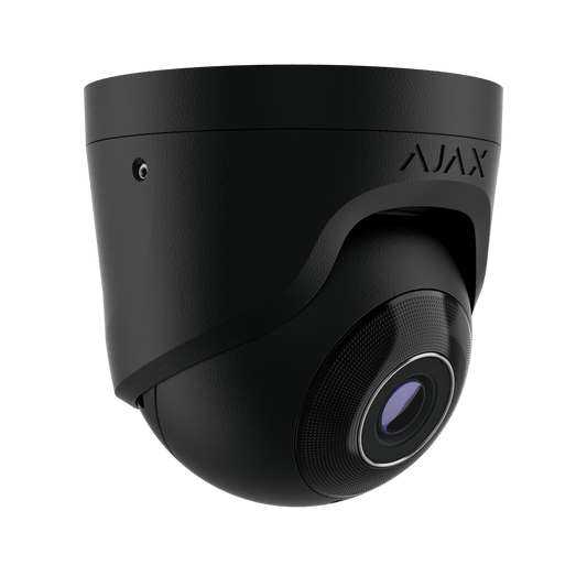 Zwarte Ajax TurretCam HL 5MP outdoor beveiligingscamera met 2,8mm lens en strak modern design.