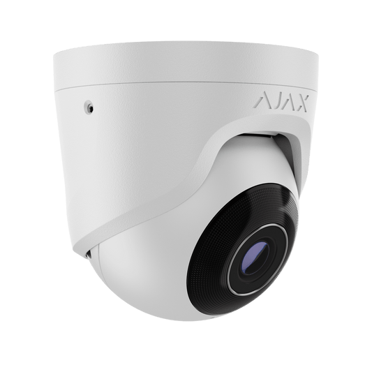 Witte Ajax TurretCam HL 5MP beveiligingscamera met 4mm lens en AI-herkenning in een compact turret-ontwerp.