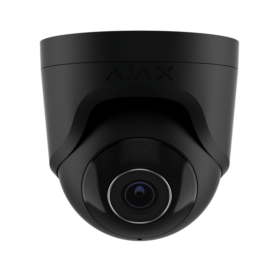 Zwarte Ajax TurretCam HL 5MP outdoor beveiligingscamera met vaste 4mm lens en strak design.
