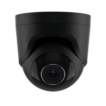 Zwarte Ajax TurretCam HL 5MP outdoor beveiligingscamera met vaste 4mm lens en strak design.