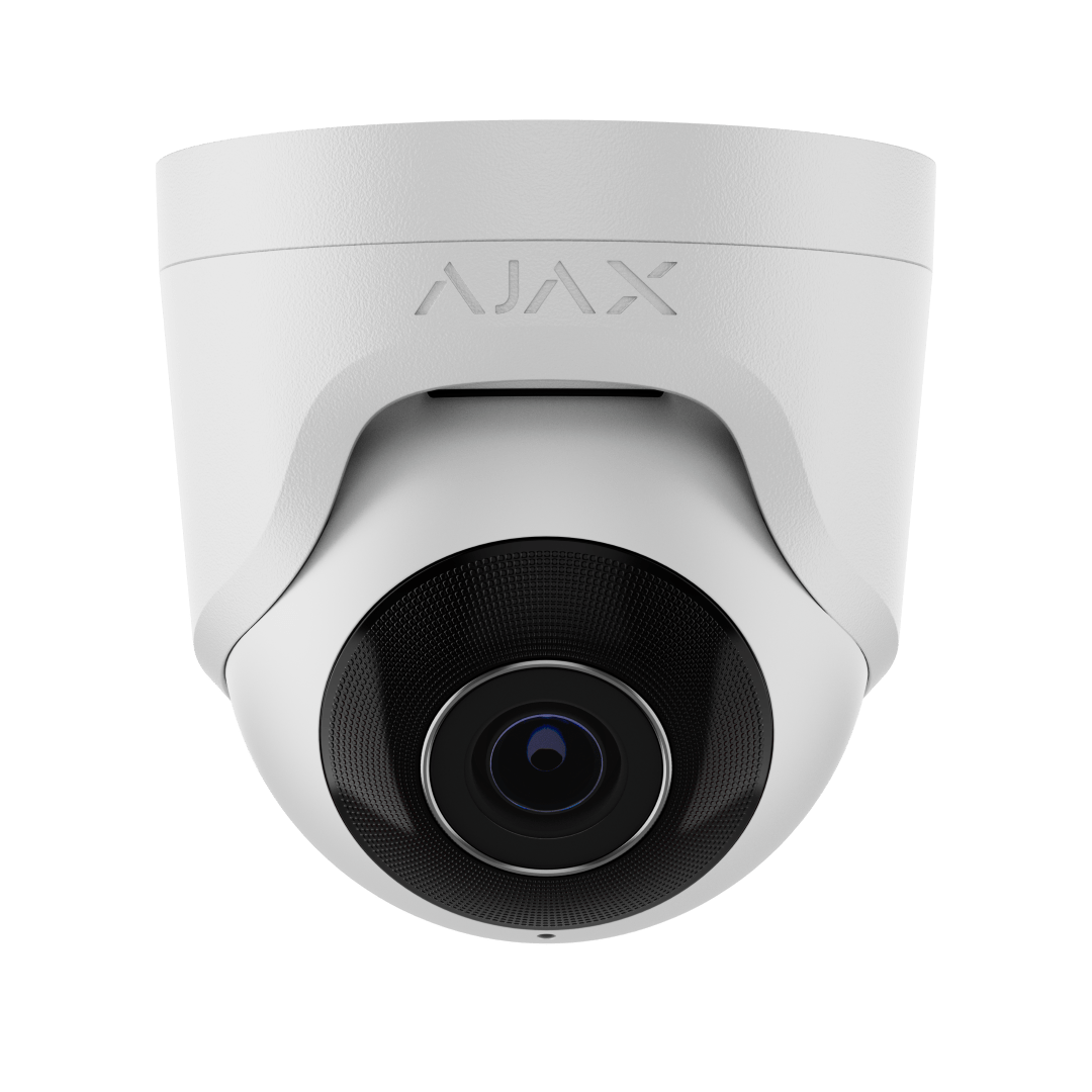 Witte Ajax TurretCam 8MP outdoor beveiligingscamera met 4mm lens en strak modern design.