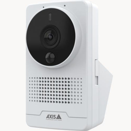 Witte Axis M1075-L Mk II 2MP box camera voor binnen met zwarte lensmodule, PIR-sensor en geïntegreerde luidspreker.