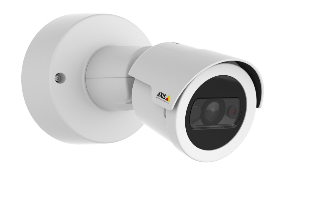Witte Axis M2035-LE outdoor bullet camera met 8mm lens en compact weerbestendig ontwerp.