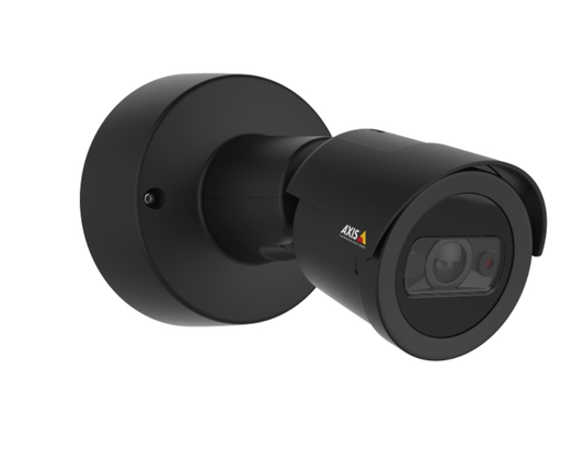 Zwarte Axis M2036-LE outdoor bullet camera met 4MP lens, geïntegreerde muurbeugel en compact weerbestendig design.