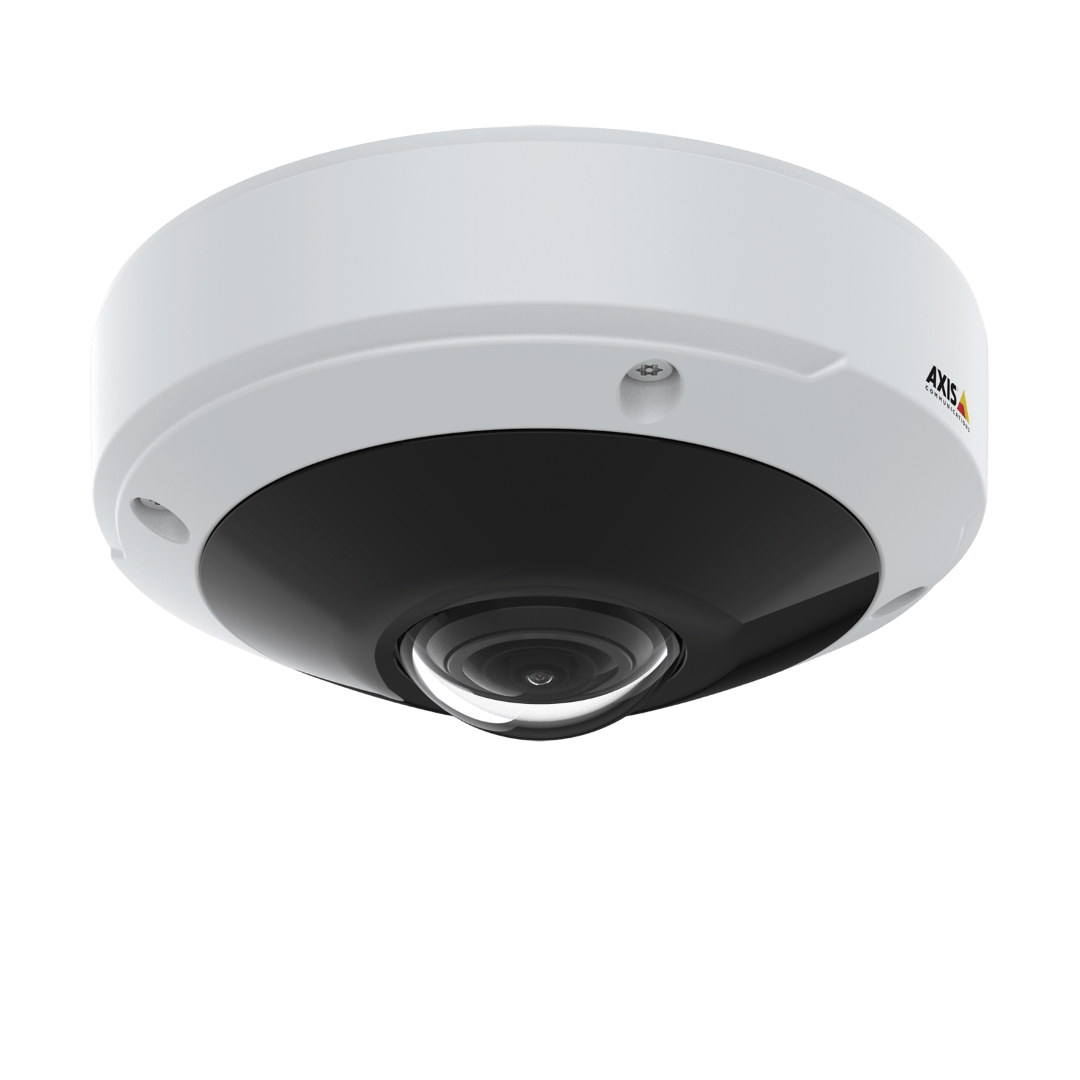 Witte Axis M3077-PLVE panoramische mini-dome camera met zwarte lens voor 360-graden buitengebruik.