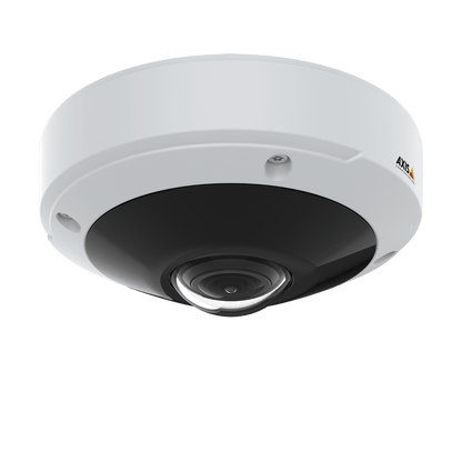 Witte Axis M3077-PLVE panoramische mini-dome camera met zwarte lens voor 360-graden buitengebruik.