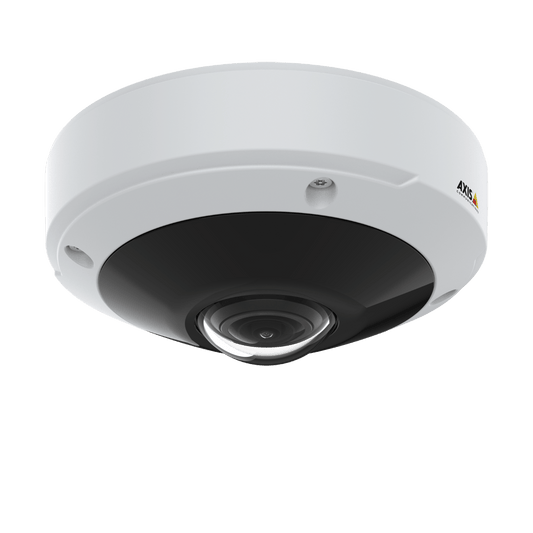 Witte Axis M3077-PLVE panoramische mini-dome camera met zwarte lens voor 360-graden buitengebruik.