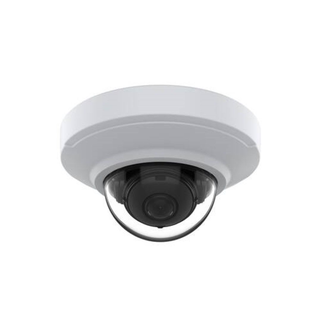 Witte Axis M3085-V compacte mini dome IP-camera met zwarte lens voor discrete binnenbewaking.