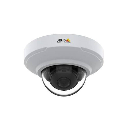 Witte Axis M3085-V mini dome IP-camera met zwarte lens en compact, schroefvrij ontwerp voor binnenbewaking.