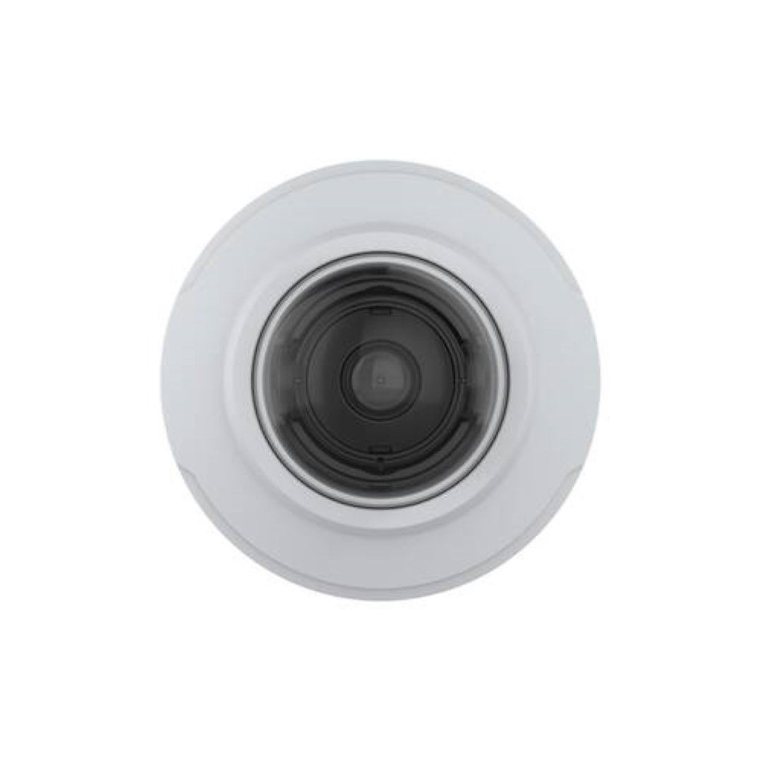 Witte Axis M3086-V 4MP minidome beveiligingscamera met een compact, rond ontwerp en centrale lens voor dag en nacht.