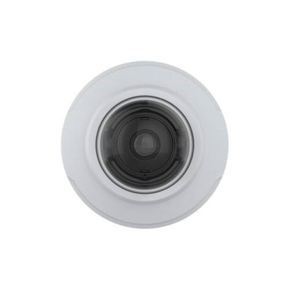 Witte Axis M3086-V 4MP minidome beveiligingscamera met een compact, rond ontwerp en centrale lens voor dag en nacht.