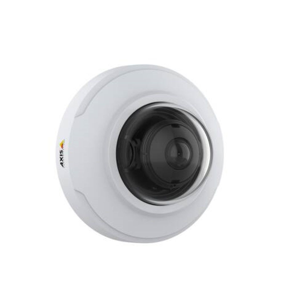 Witte Axis M3086-V 4MP minidome-beveiligingscamera met een compact, rond ontwerp en een zwarte lenskap.