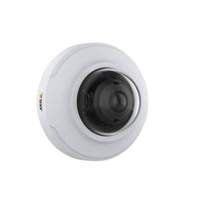 Witte Axis M3086-V 4MP minidome-beveiligingscamera met een compact, rond ontwerp en een zwarte lenskap.
