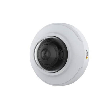 Witte Axis M3086-V 4MP minidome-beveiligingscamera met transparante koepel en compact design.