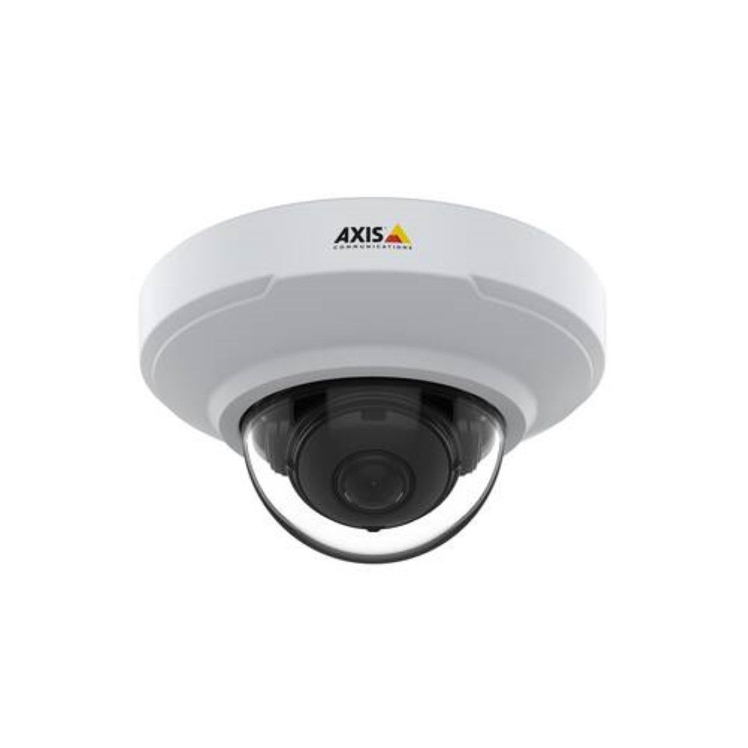 Witte Axis M3086-V 4MP minikoepelcamera met zwarte lens en compact rond ontwerp voor plafondmontage.