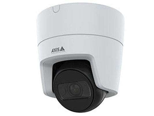 Witte Axis M3128-LVE 8MP PoE turret-buitencamera met zwarte lensmodule voor optimale beeldkwaliteit.