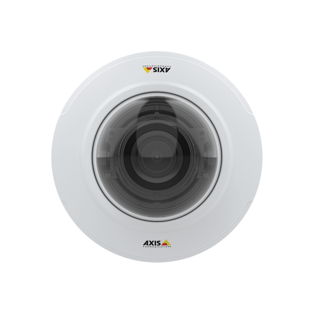 Witte Axis M4216-V compacte domecamera met varifocale lens en transparante koepel op een witte achtergrond.