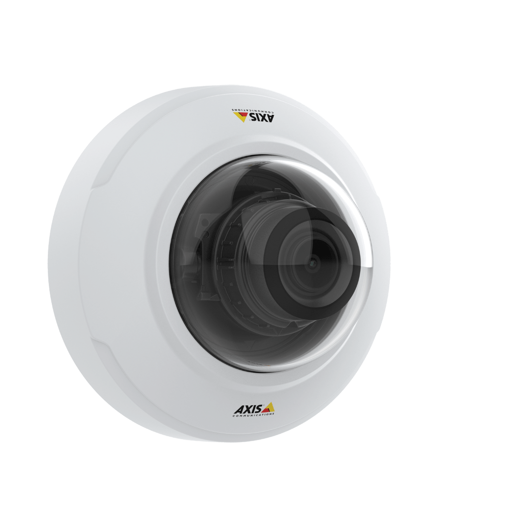 Witte Axis M4215-LV compacte dome-beveiligingscamera met transparante koepel en varifocale lens.