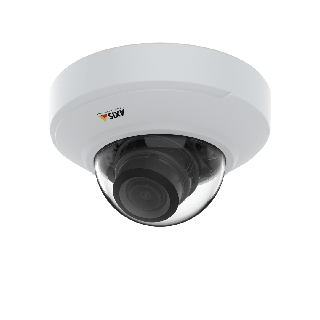 Witte Axis M4216-V compacte domecamera met varifocale lens en transparante koepel tegen een witte achtergrond.