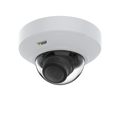 Witte Axis M4216-V compacte domecamera met varifocale lens en transparante koepel tegen een witte achtergrond.