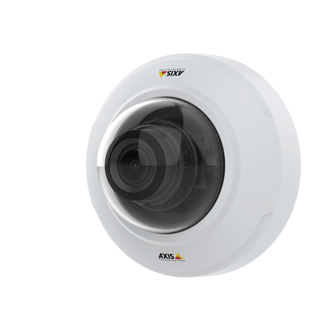 Witte Axis M4216-V dome-camera met varifocale lens en transparante koepel voor discrete videobewaking.
